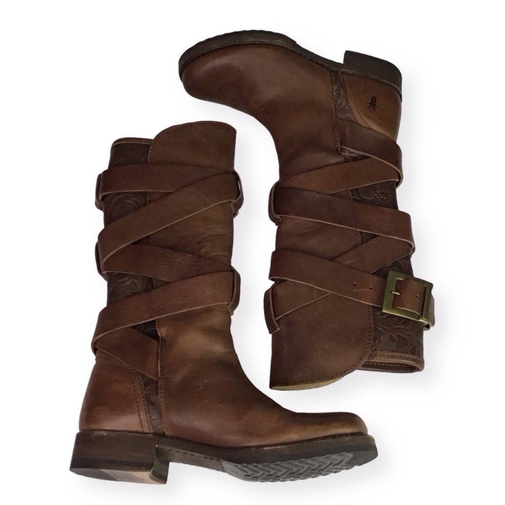 FRYE Veronica Tooled Floral Brown Leather Boots Size 6.5